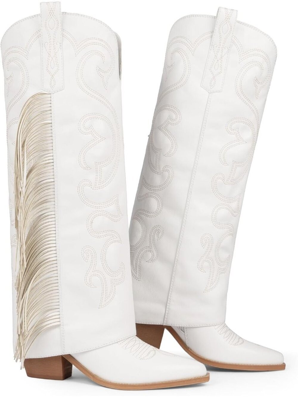 Women's White Knee High Embroidery Cowboy Boots Cowgirl Fold Over Fringe Boots - Picture 6 of 6